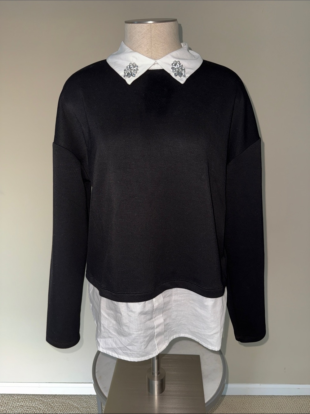 Belldini Black Top with White Faux-Layered Hem and Jeweled Collar